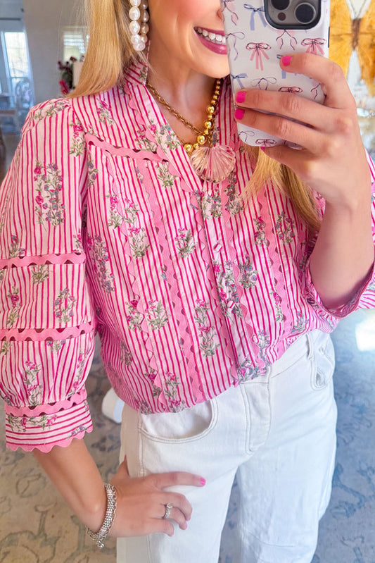 Floral Striped Ruffle Button Top