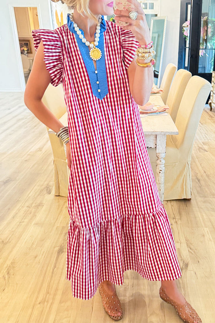 Gingham Flutter Sleeve Pocket Midi Dress