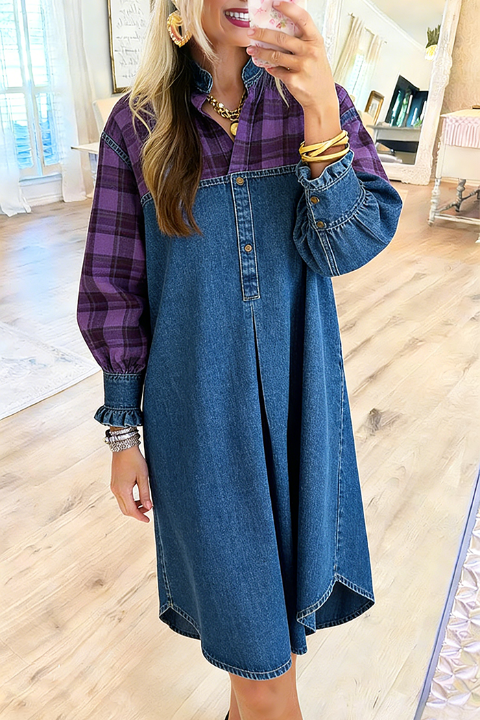 Plaid Yoke Half Placket Denim Dress