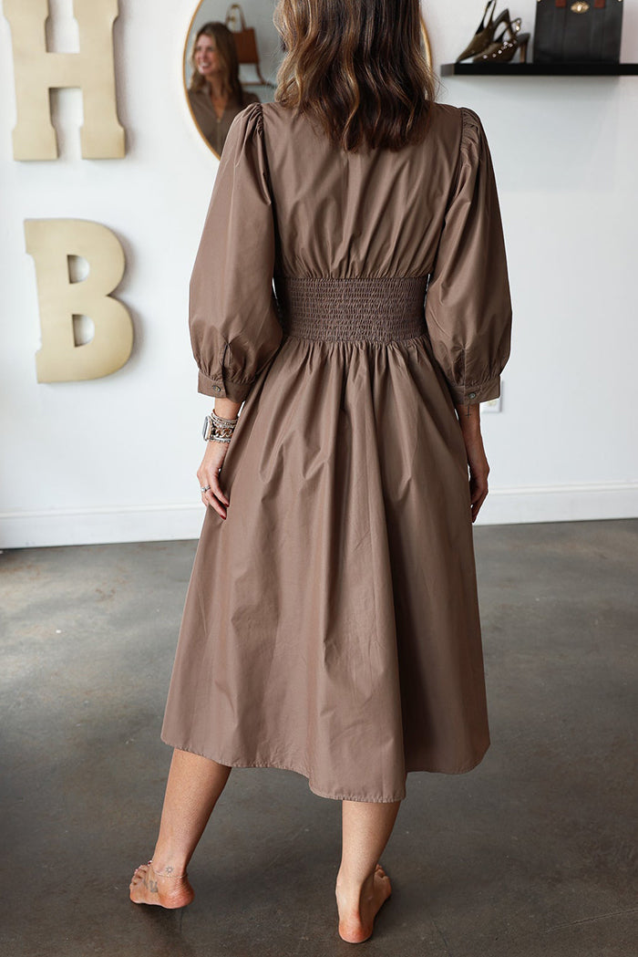 Smocked Waist Front Zip Pocket Dress