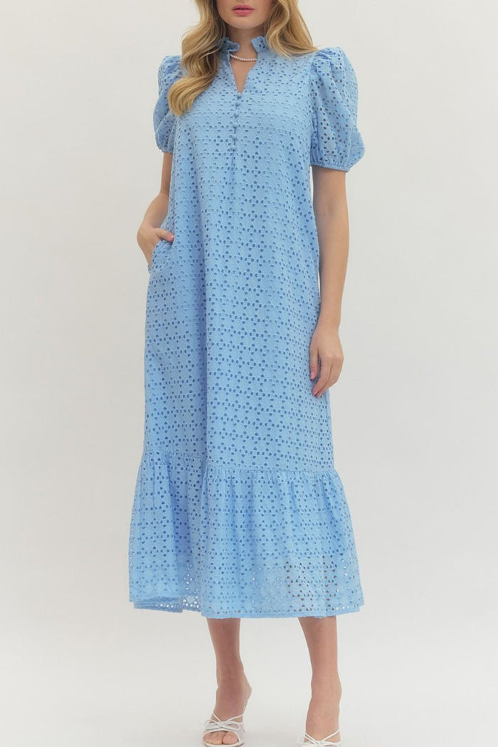 Puff Sleeve Ruffle Eyelet Midi Dress