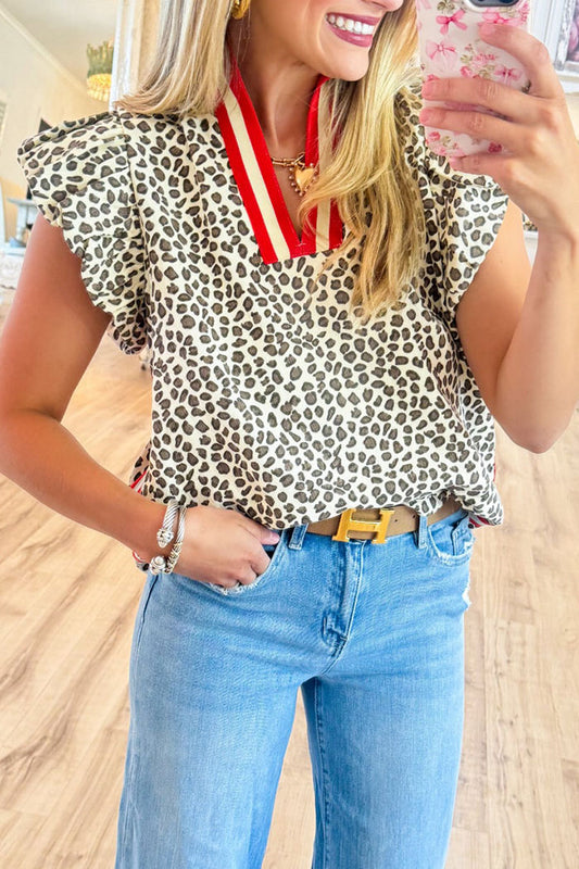 Stripe Trim Leopard Print Top