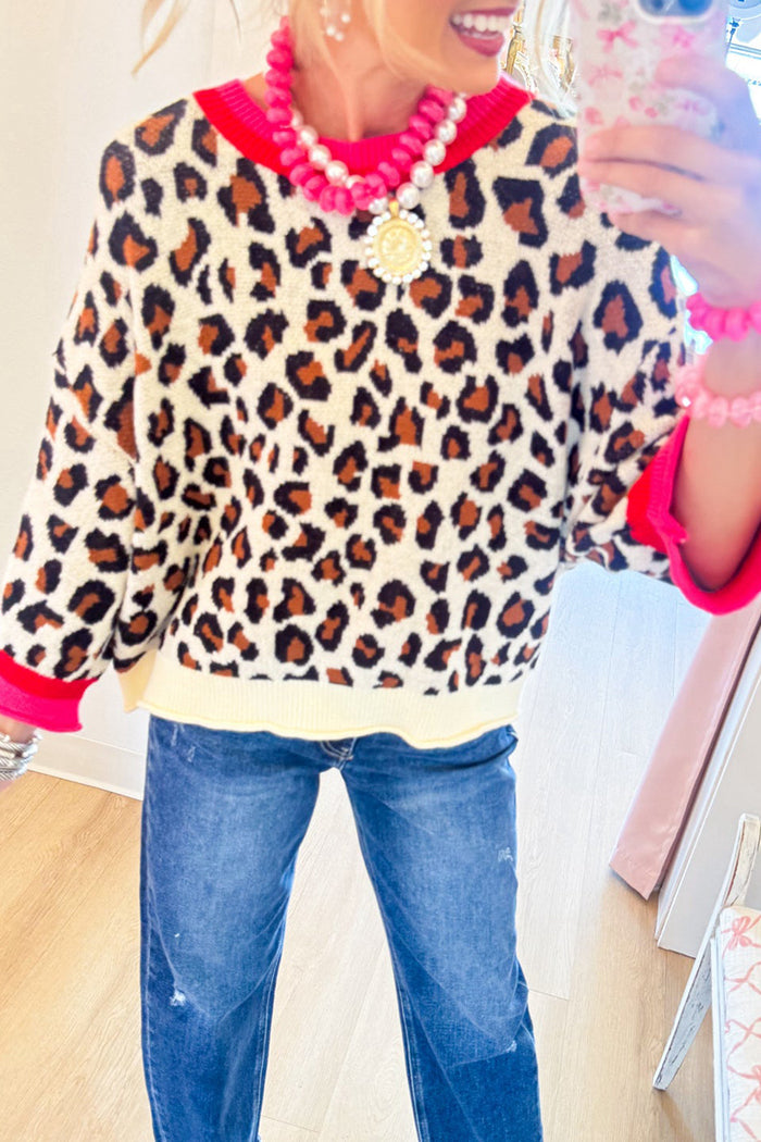 Rib Trim Leopard Pattern Knit Top