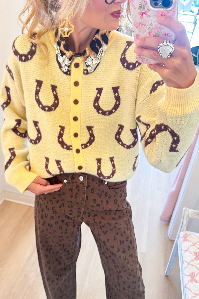Butter Yellow Horseshoe Jacquard Button Front Ribbed Trim Knit Top