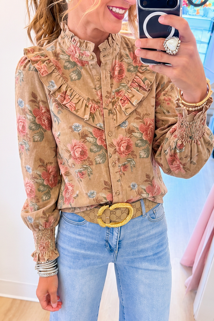 Button Up Ruffle Neck Floral Top