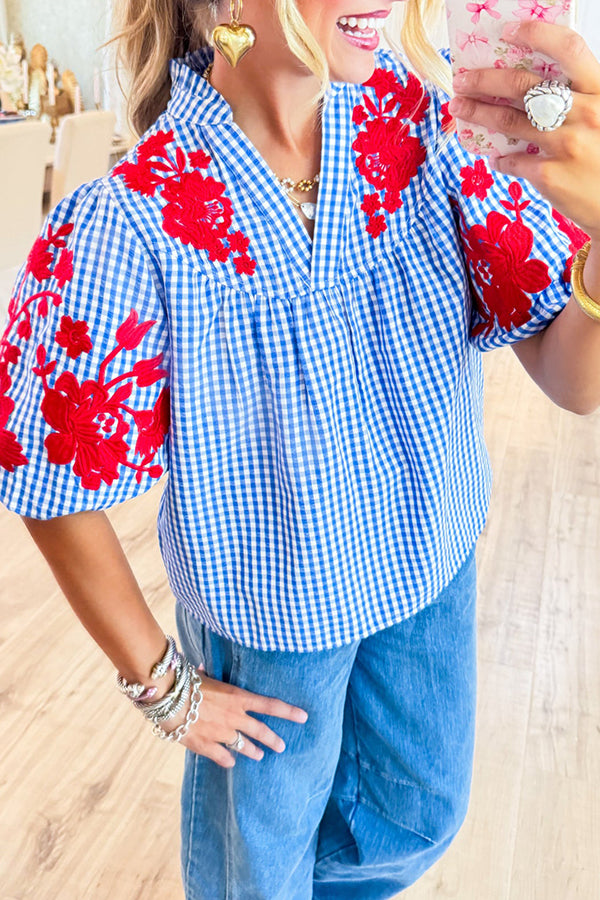 Embroidered Puff Sleeve Grid Top
