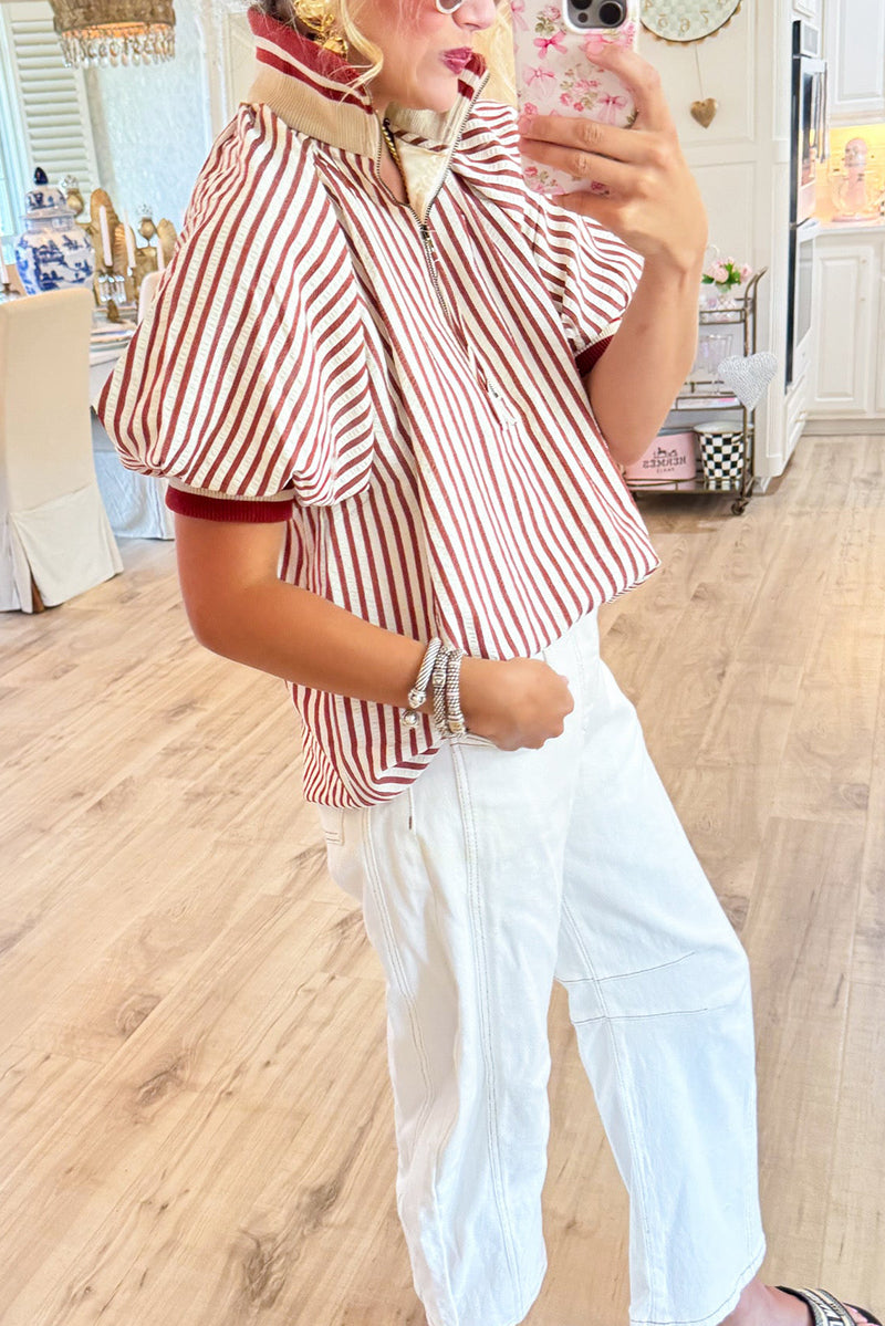 Stripe Half Zip Puff Sleeves Top