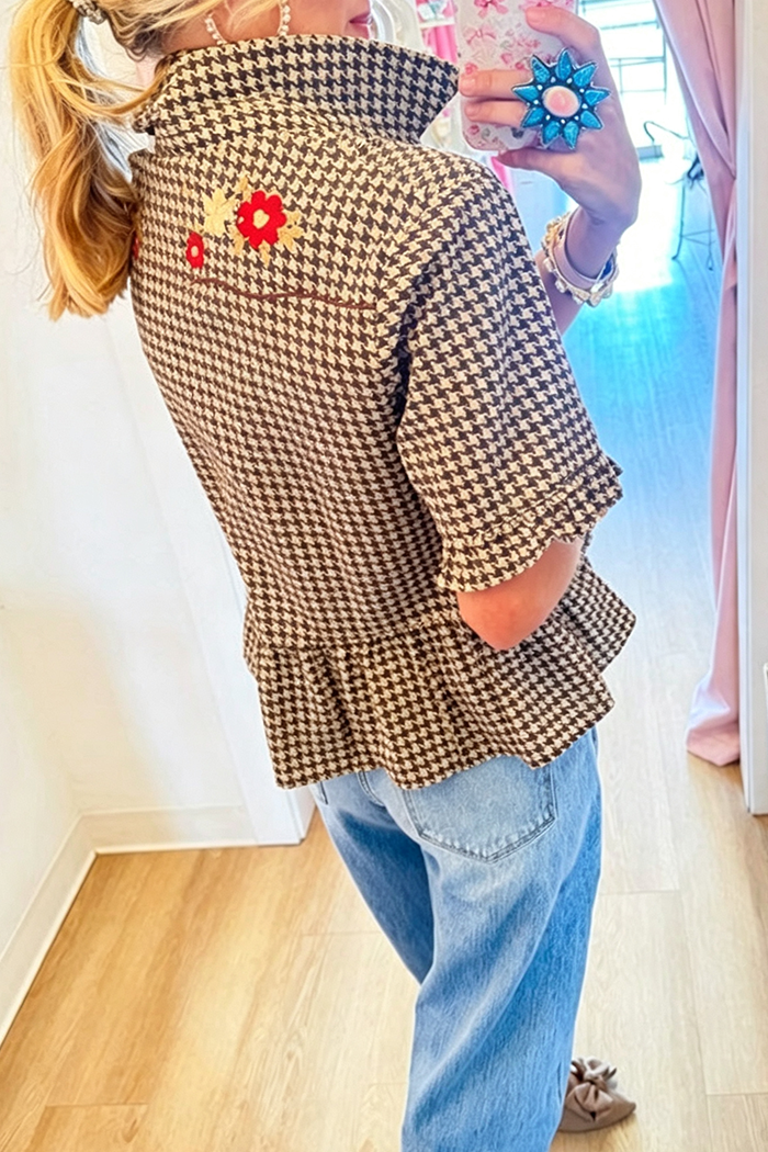 Brown Houndstooth Embroidered Ruffle Hem Top