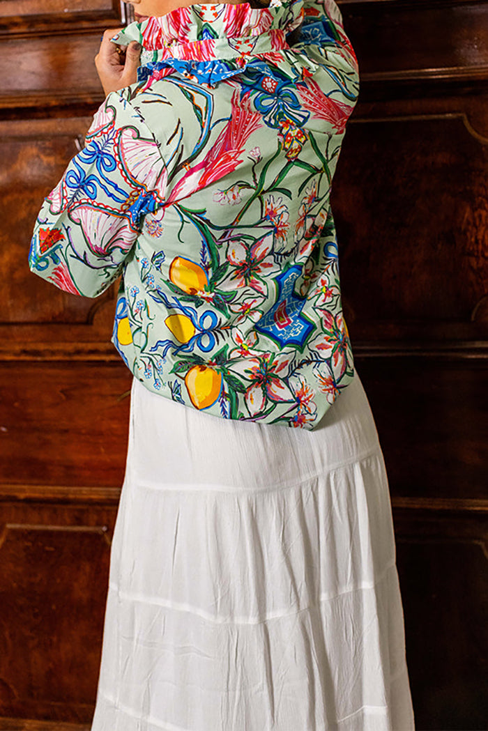 Floral Citrus Print Ruffle Collar Top