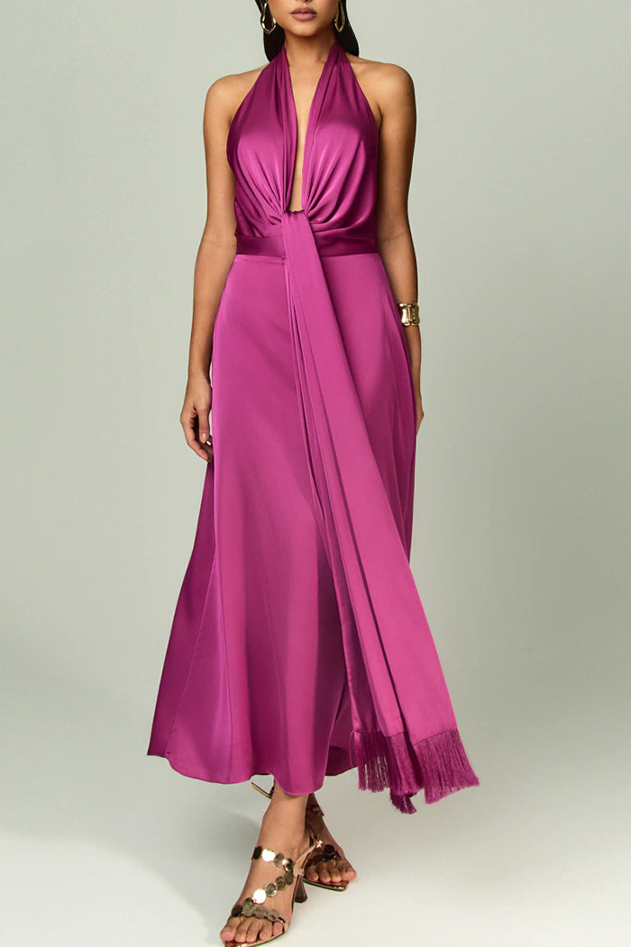 Halter Tie Tassel Hem Evening Dress