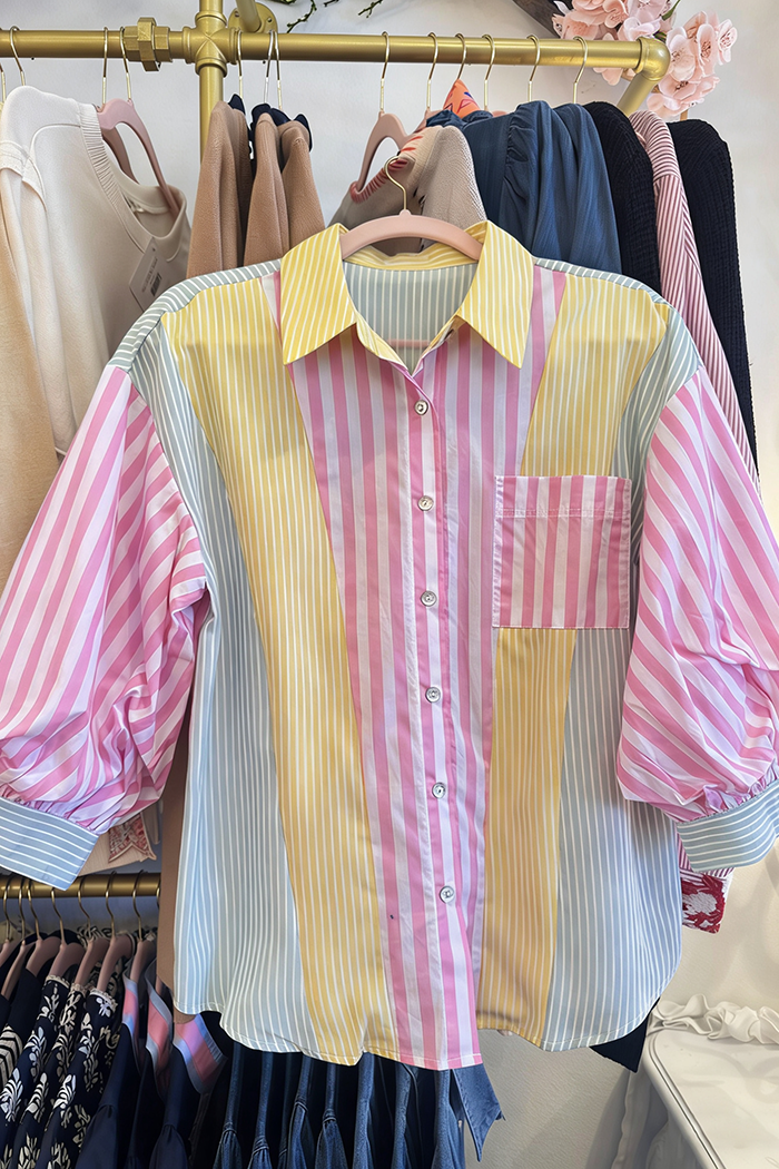 Puff Sleeve Striped Patchwork Top