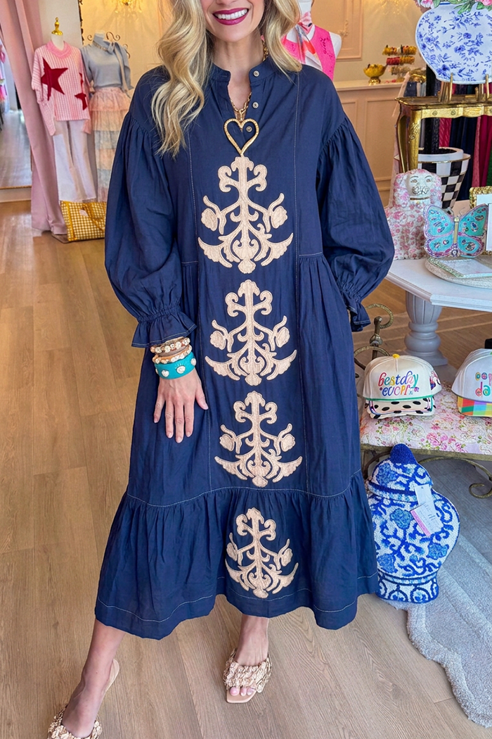 Ruffle Hem Denim Bubble Sleeve Maxi Dress