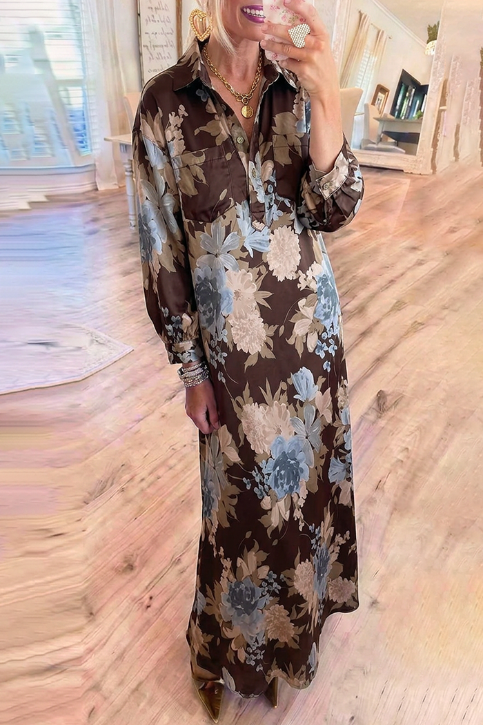 Brown Floral Collar Pockets Maxi Dress