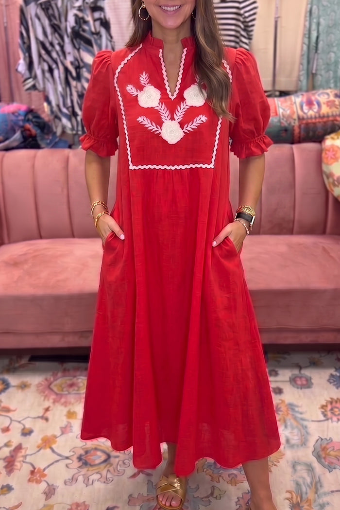 Red Floral Puff Sleeve Pocket Dress