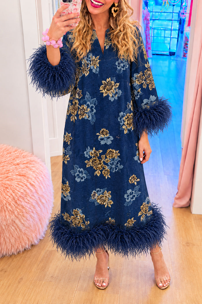 Navy Floral Feather Trim Maxi Dress