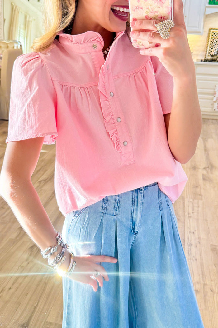 Pink Ruffle Neck Short Sleeve Button Down Top