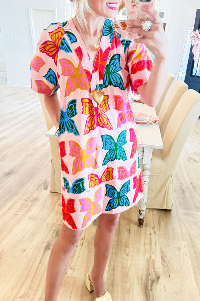 Pink Multi Butterfly Pocket Shift Dress