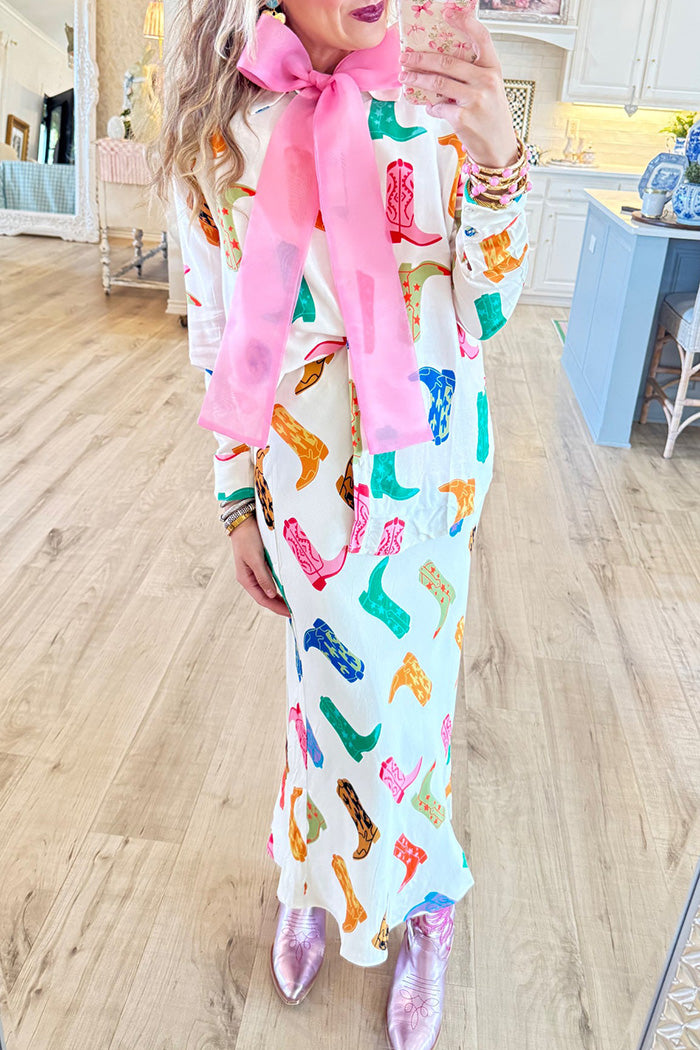 Colorful Boot Print Two Piece Skirt Set