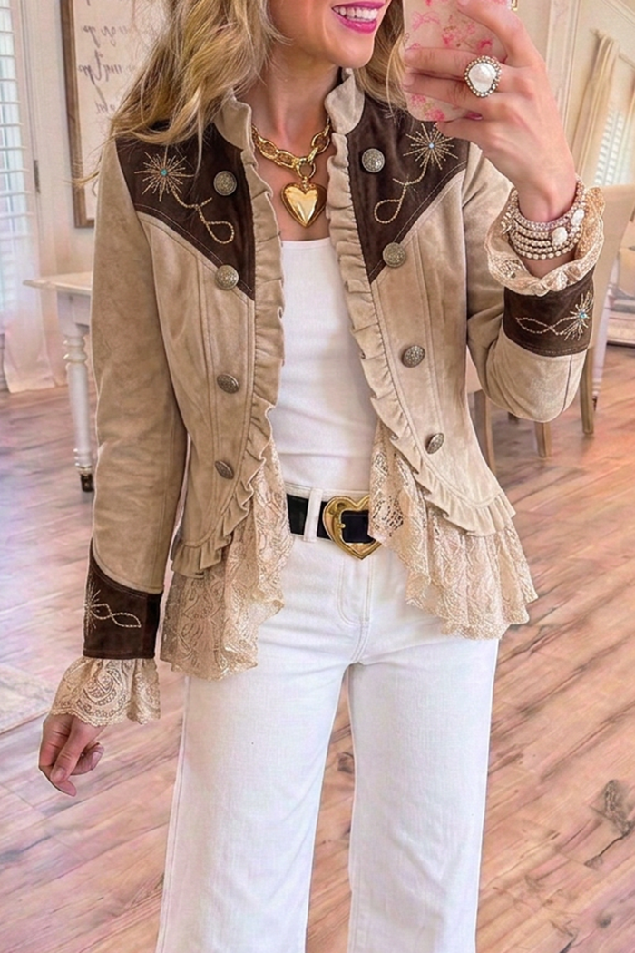 Beige Western Embroidery Color Block Ruffle Jacket