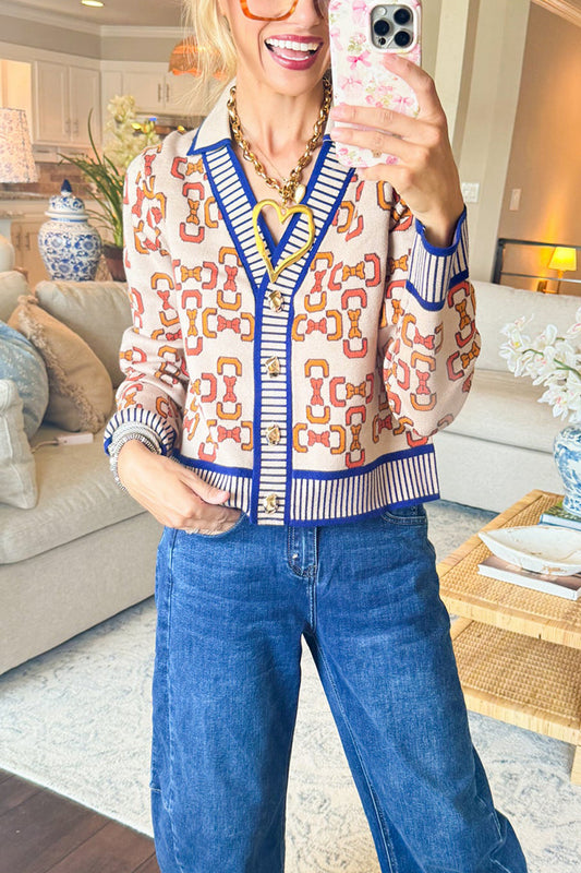 Taupe Bow Print Buttons Cardigan