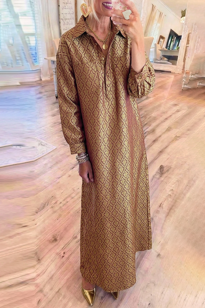 Metallic Vintage Jacquard Collared Balloon Sleeve Maxi Dress