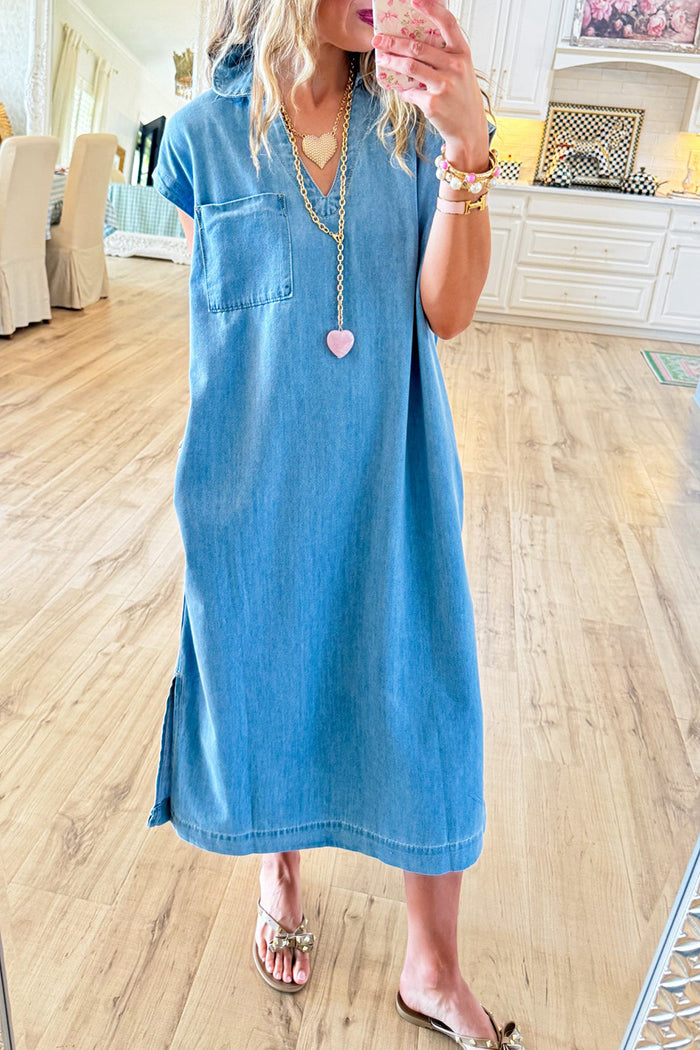 Chest Pocket Short Sleeve Denim Dress