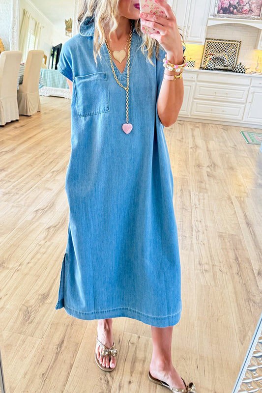 Chest Pocket Short Sleeve Denim Dress