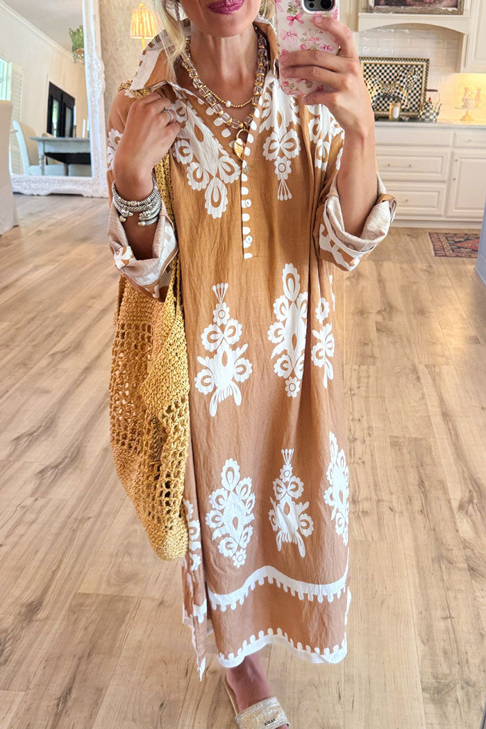 Abstract Print 3/4 Sleeves Midi Dress