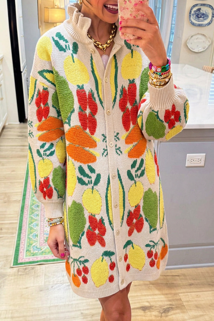 Fruit Jacquard Ruffle Stand Collar Button Front Knit Dress
