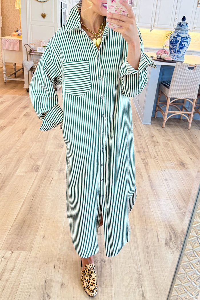 Stripe Button Pockets Midi Dress
