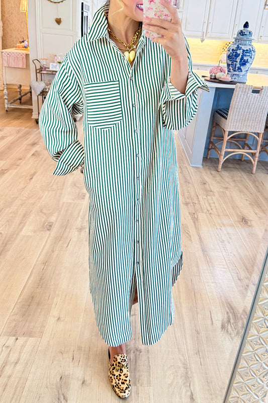 Stripe Button Pockets Midi Dress