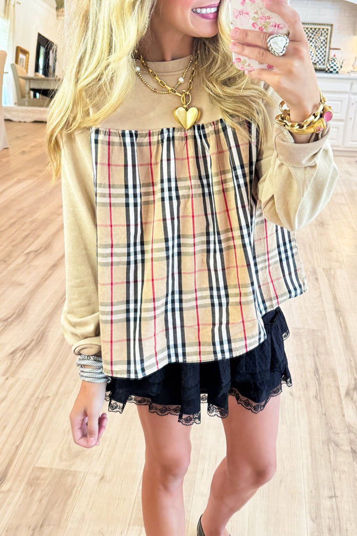 Taupe Solid & Plaid Mix Match Top