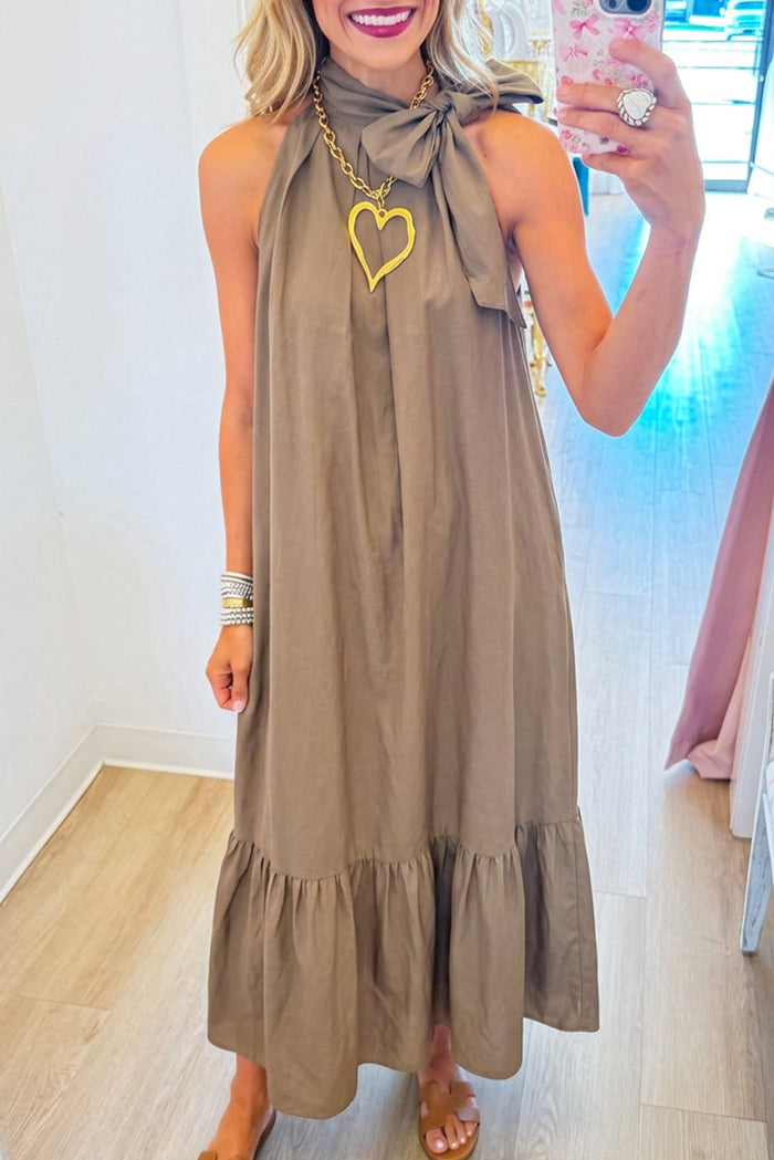 Tie Bow High Neck Ruffle Hem Maxi Dress