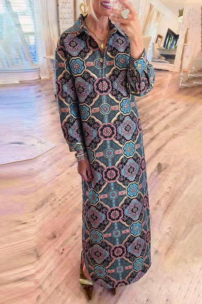 Geometric Floral Jacquard Shirt Collar Long Sleeve Pockets Maxi Dress