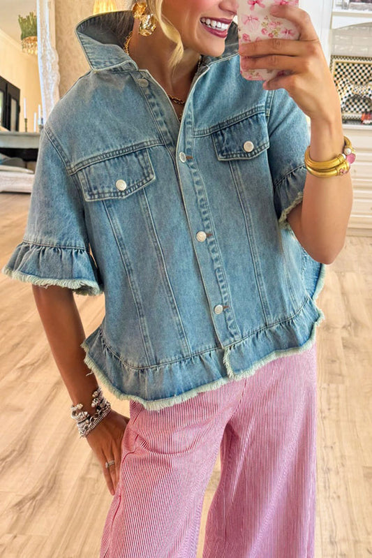 Denim Ruffle Button Up Top