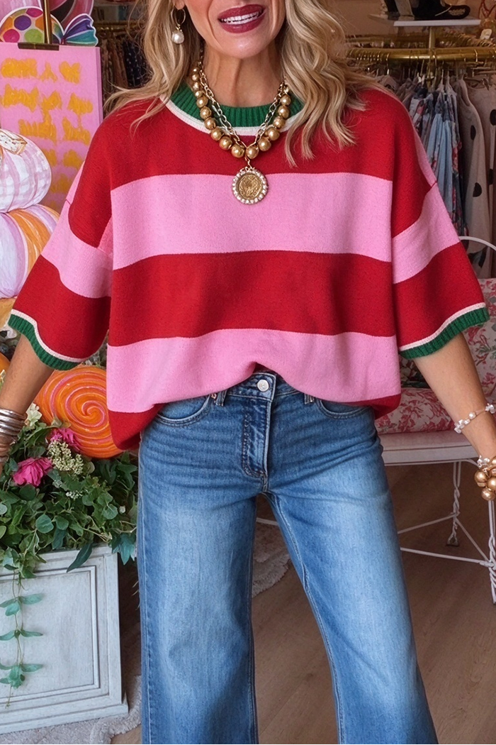 Red Pink Stripe Short Sleeve Sweater