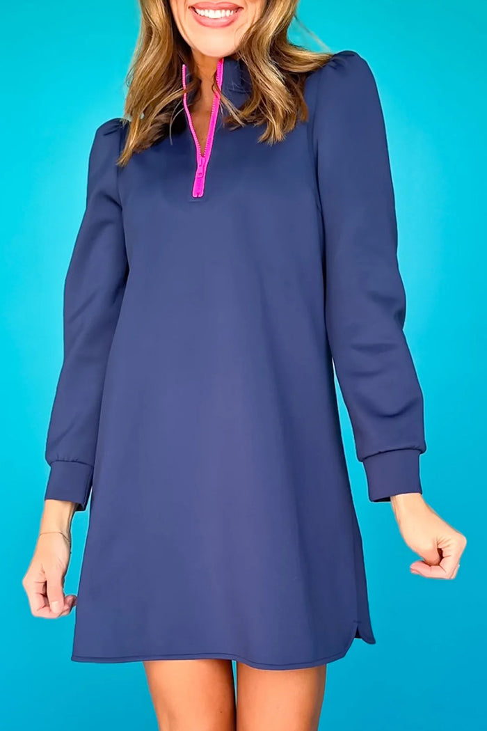 Long Sleeve Ruffe Collar Zip  Dress