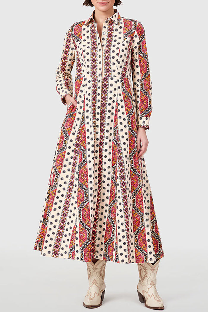 Classic Print  Full-Button Pocket Midi Dress