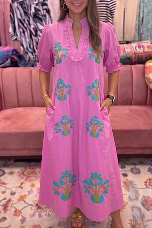 Pink Floral Puff Sleeve Pocket Dress