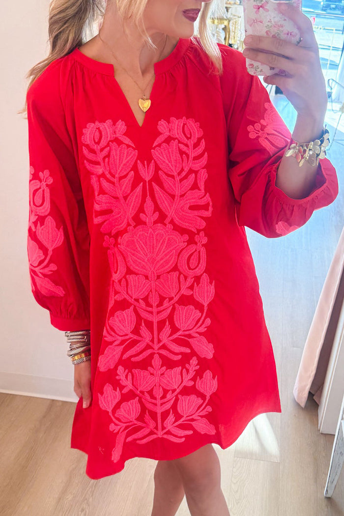 Red Neon Pink Floral Three Quarter Sleeve Dress