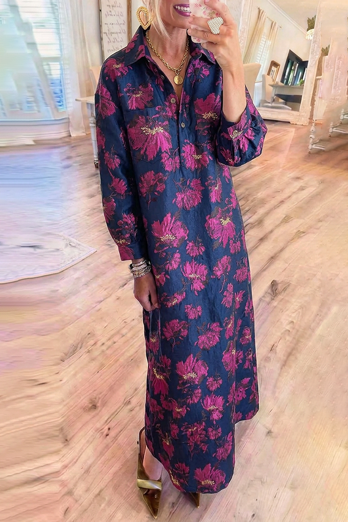 Collared Button Front Navy Fuchsia Floral Jacquard Maxi Dress
