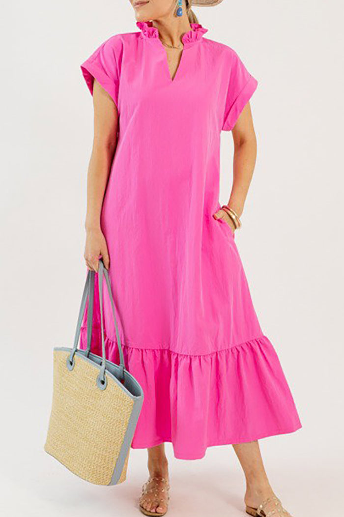 Cuffed Sleeve Ruffle Hem Pocket Midi Dress