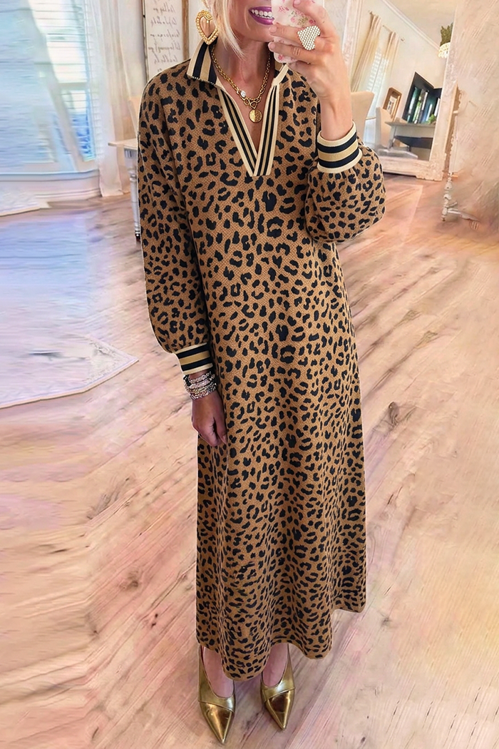 Camel Leopard Half Zip Striped Rib Balloon Sleeve Maxi Dress
