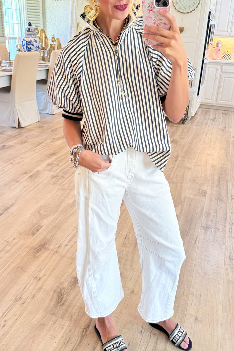 Stripe Half Zip Puff Sleeves Top
