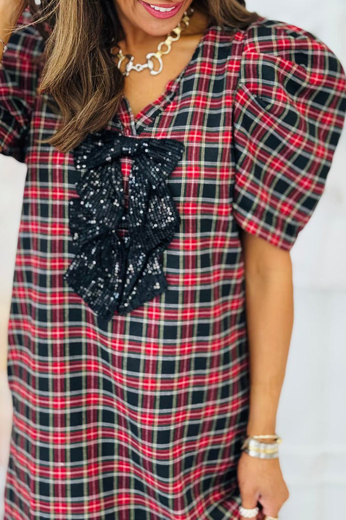Plaid Sequin Bows Mini Dress