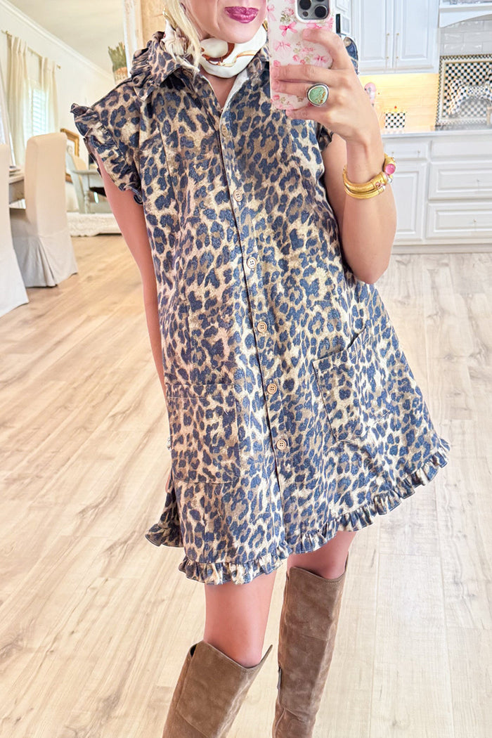Leopard Ruffle Hem Button Dress