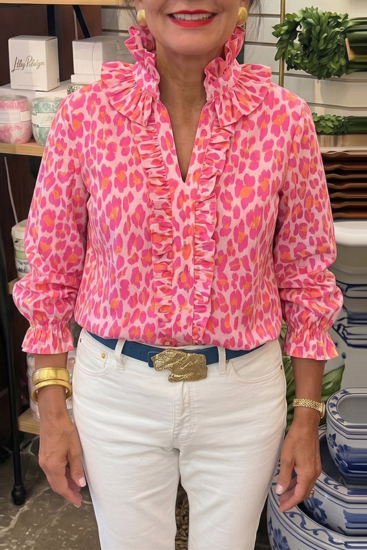 Ruffle Neck Leopard Print Top