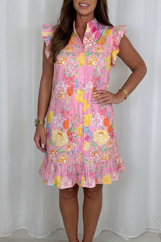 Button Down Ruffle Sleeve Floral Dress