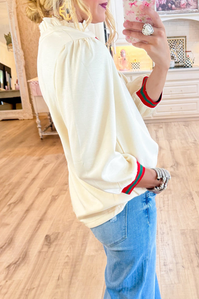 Ivory Stripe Contrast Ruffle Neck Top