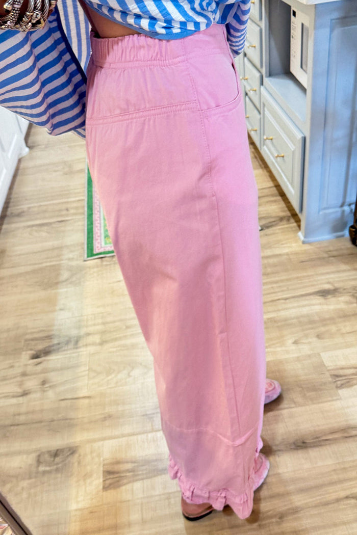 Pink Twill Ruffle Hem Pants